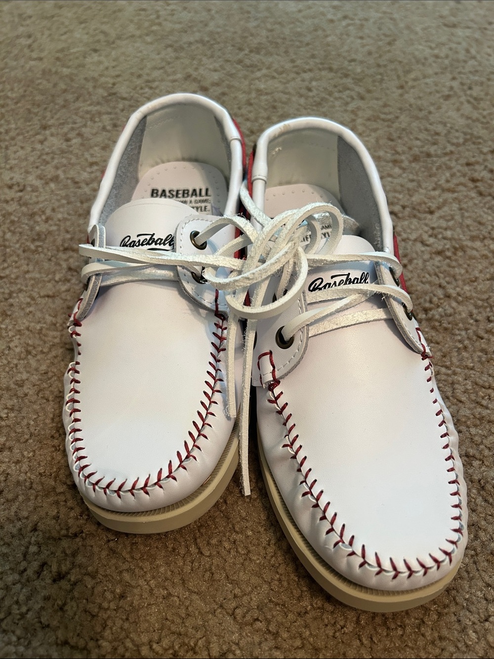 Baseball White Leather Boat Shoes with Red Stitching